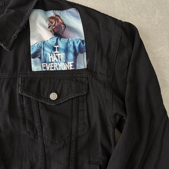 フォトプリントブラックデニムジャケット ブラック F 古着 メンズ