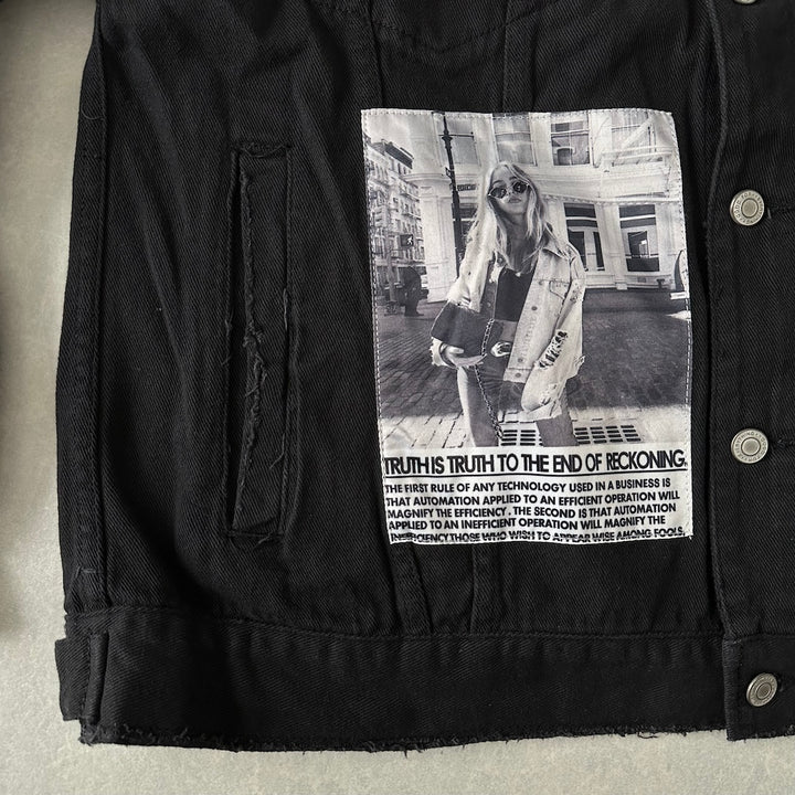 フォトプリントブラックデニムジャケット ブラック F 古着 メンズ