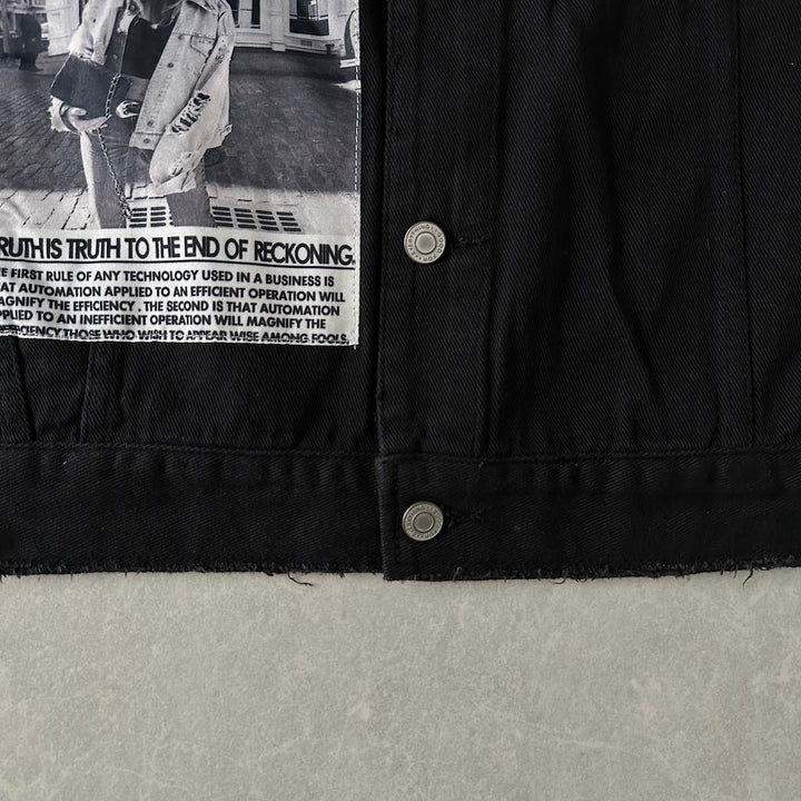 フォトプリントブラックデニムジャケット ブラック F 古着 メンズ