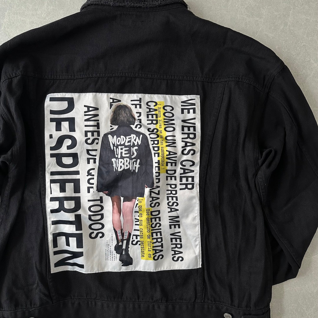 フォトプリントブラックデニムジャケット ブラック F 古着 メンズ