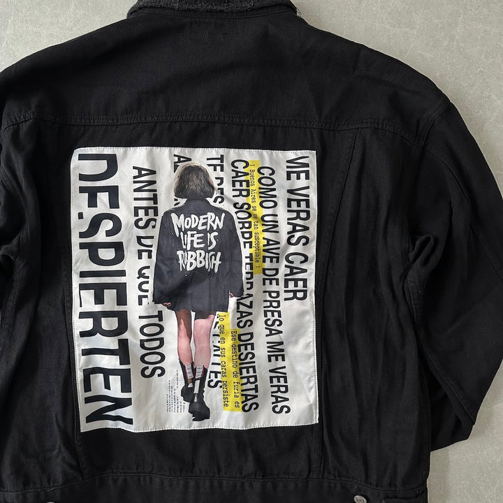 フォトプリントブラックデニムジャケット ブラック F 古着 メンズ