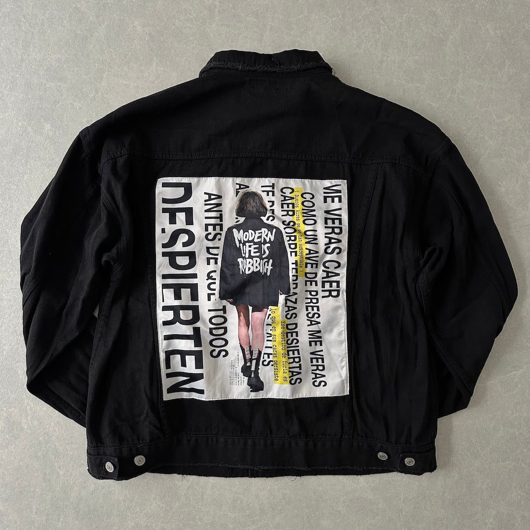 フォトプリントブラックデニムジャケット ブラック F 古着 メンズ