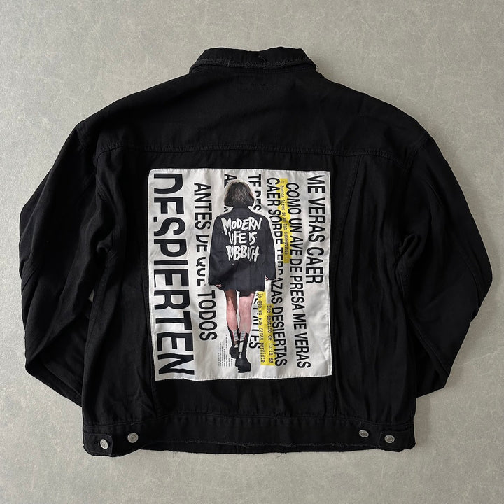 フォトプリントブラックデニムジャケット ブラック F 古着 メンズ