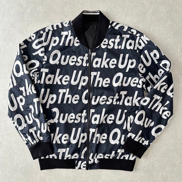 メッセージプリント リバーシブルナイロンブルゾン 総柄 LL 古着 メンズ