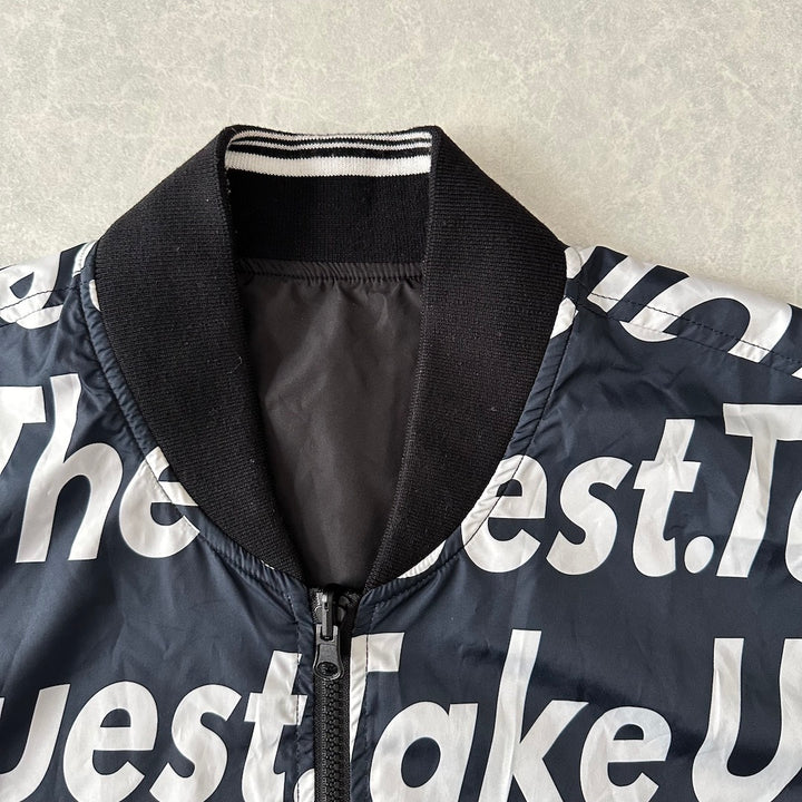 メッセージプリント リバーシブルナイロンブルゾン 総柄 LL 古着 メンズ