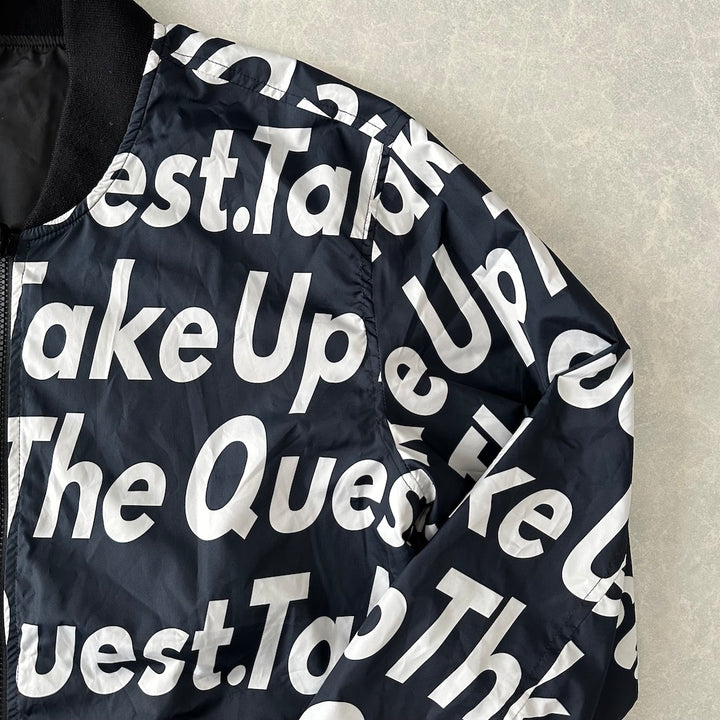 メッセージプリント リバーシブルナイロンブルゾン 総柄 LL 古着 メンズ