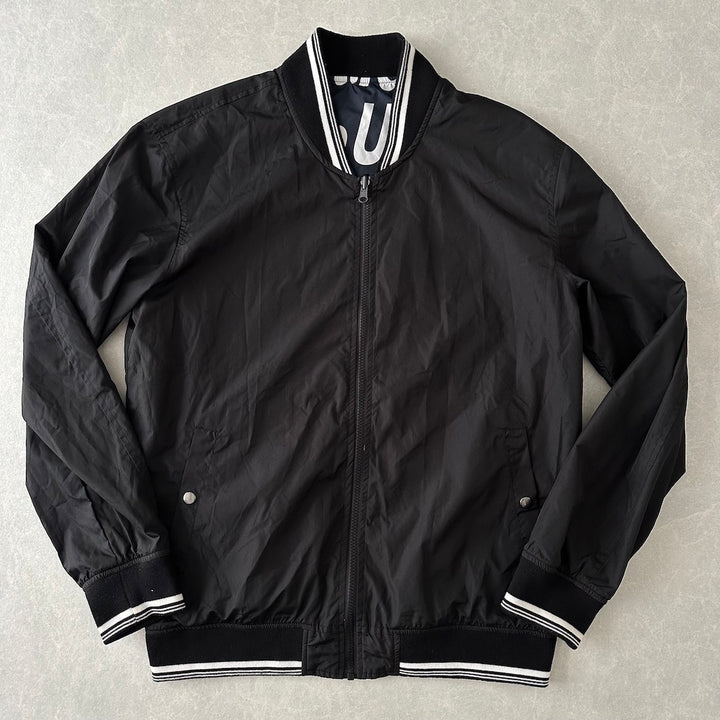 メッセージプリント リバーシブルナイロンブルゾン 総柄 LL 古着 メンズ