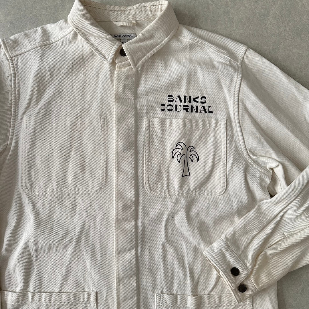 ヤシの木プリントデニムカバーオールジャケット ホワイト L 古着 メンズ