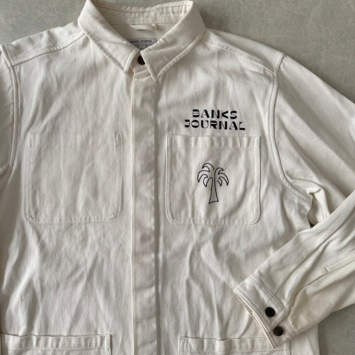 ヤシの木プリントデニムカバーオールジャケット ホワイト L 古着 メンズ