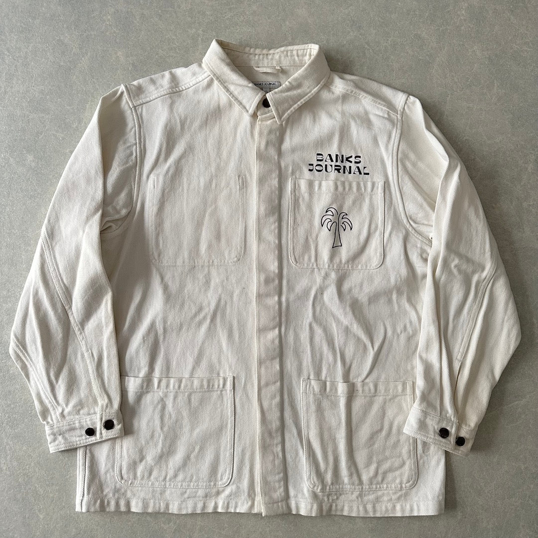 ヤシの木プリントデニムカバーオールジャケット ホワイト L 古着 メンズ