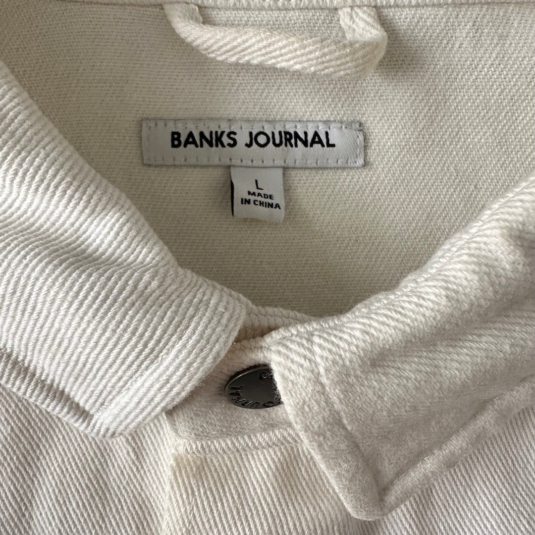 ヤシの木プリントデニムカバーオールジャケット ホワイト L 古着 メンズ