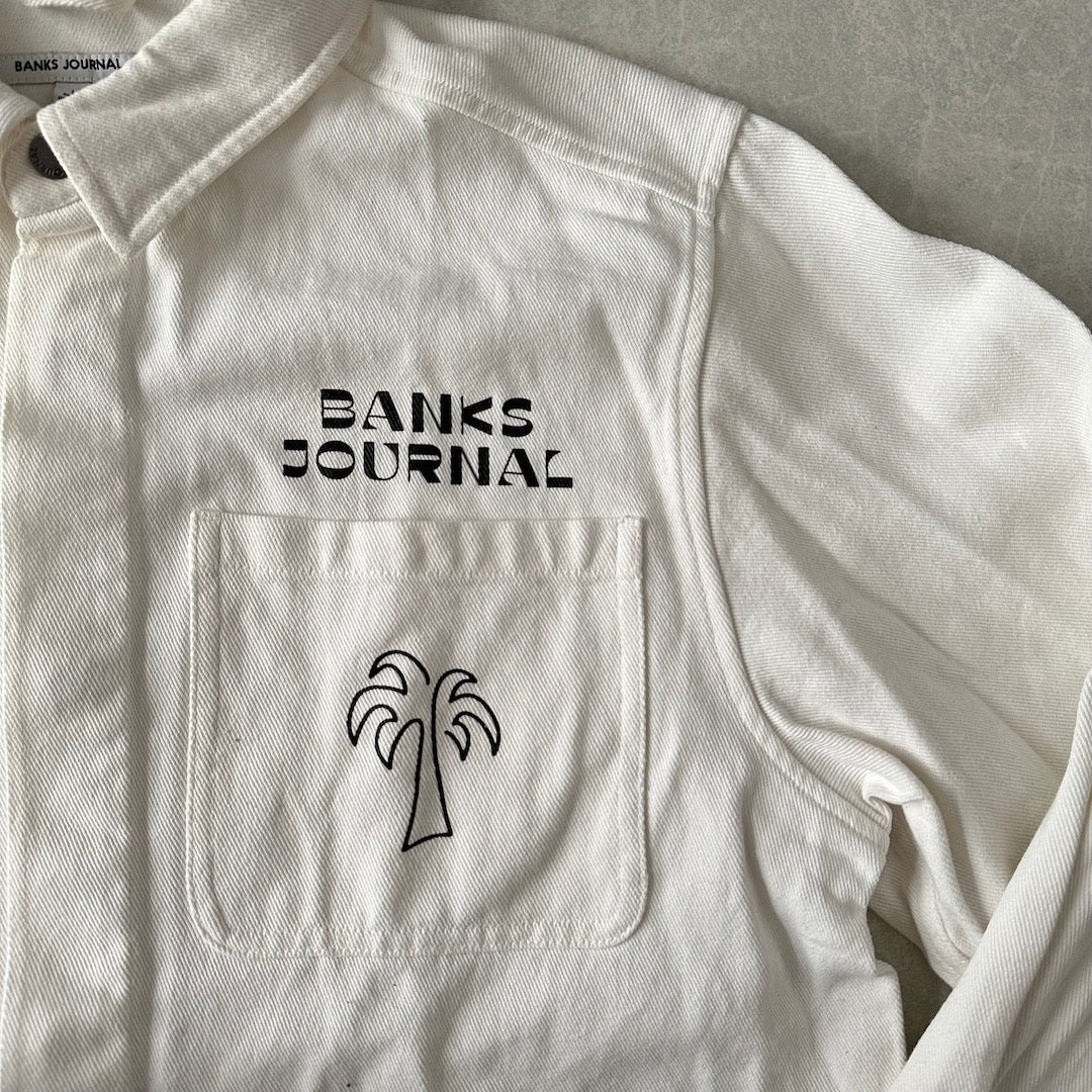 ヤシの木プリントデニムカバーオールジャケット ホワイト L 古着 メンズ