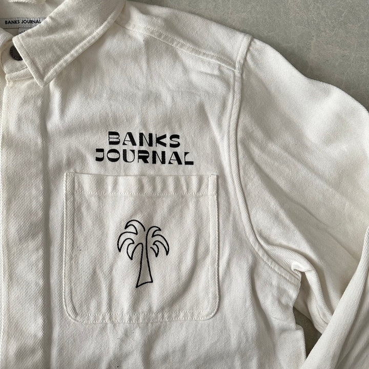 ヤシの木プリントデニムカバーオールジャケット ホワイト L 古着 メンズ