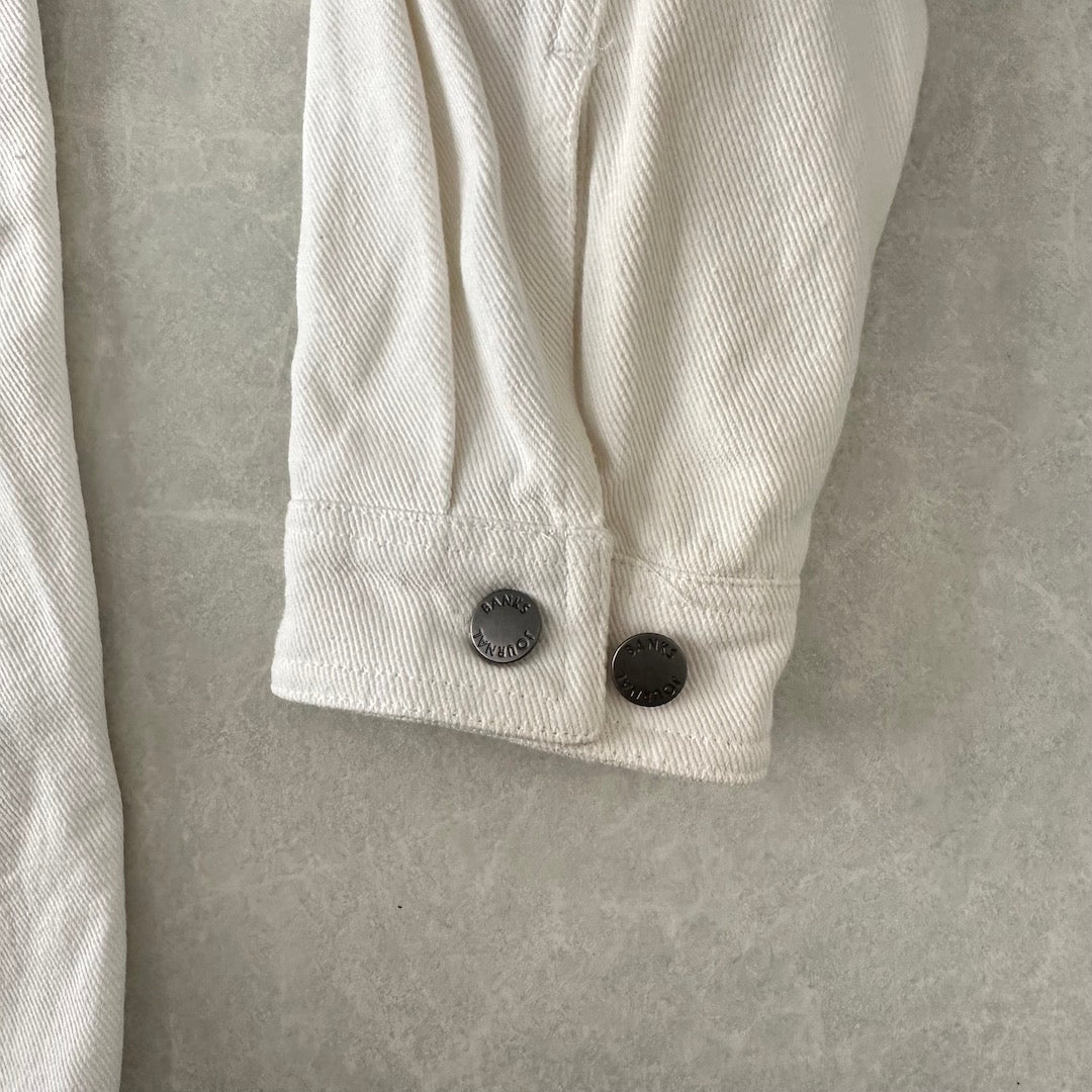 ヤシの木プリントデニムカバーオールジャケット ホワイト L 古着 メンズ