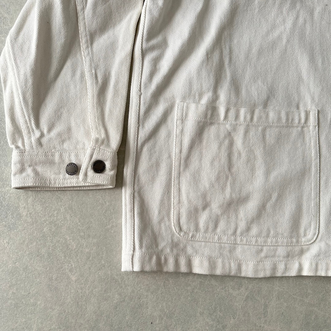 ヤシの木プリントデニムカバーオールジャケット ホワイト L 古着 メンズ