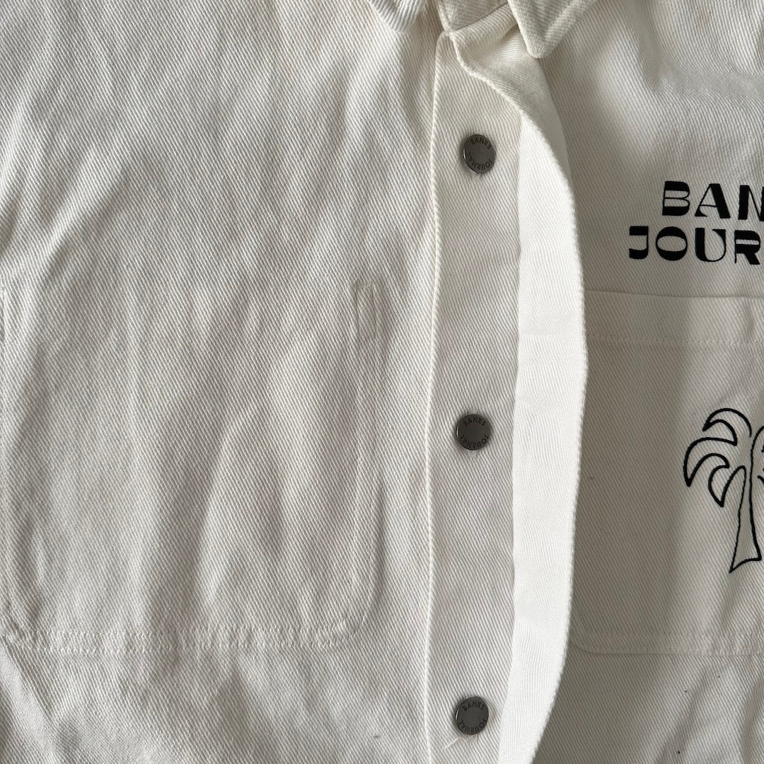 ヤシの木プリントデニムカバーオールジャケット ホワイト L 古着 メンズ