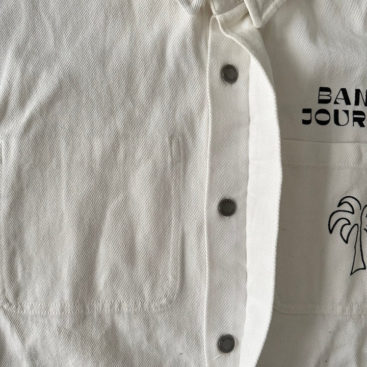 ヤシの木プリントデニムカバーオールジャケット ホワイト L 古着 メンズ