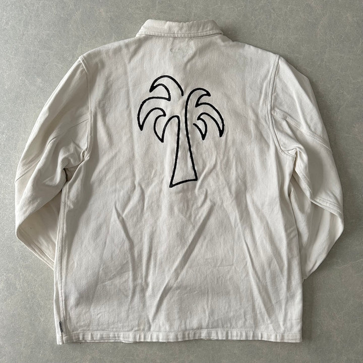 ヤシの木プリントデニムカバーオールジャケット ホワイト L 古着 メンズ