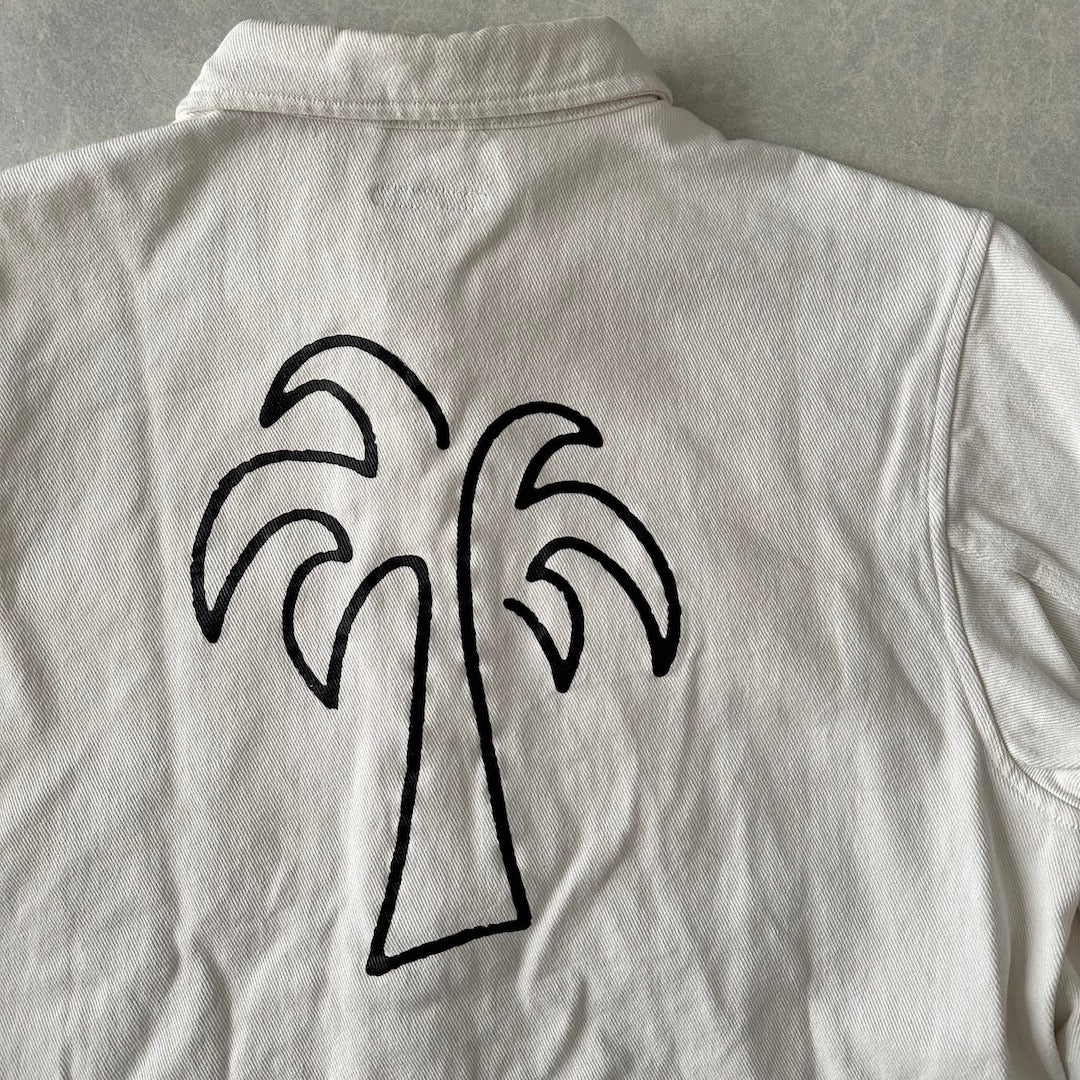 ヤシの木プリントデニムカバーオールジャケット ホワイト L 古着 メンズ