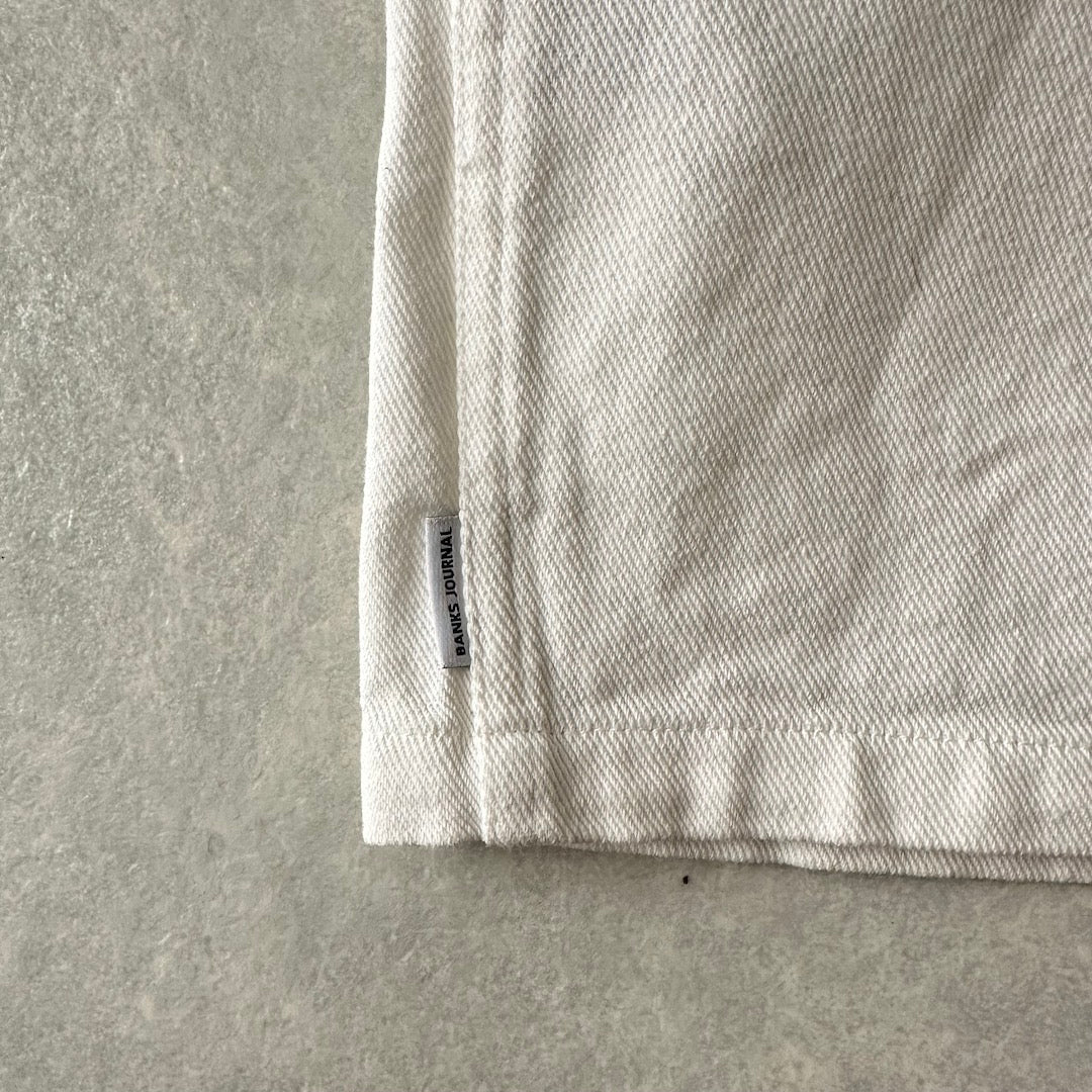 ヤシの木プリントデニムカバーオールジャケット ホワイト L 古着 メンズ