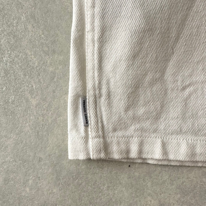 ヤシの木プリントデニムカバーオールジャケット ホワイト L 古着 メンズ