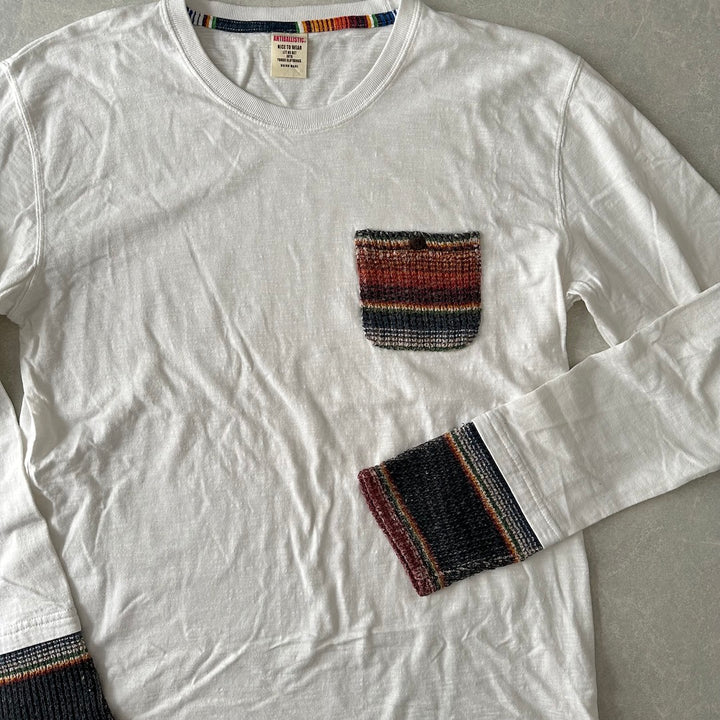 ネイティブボーダー柄ポケットロングスリーブ長袖Tシャツ ホワイト L 古着 メンズ