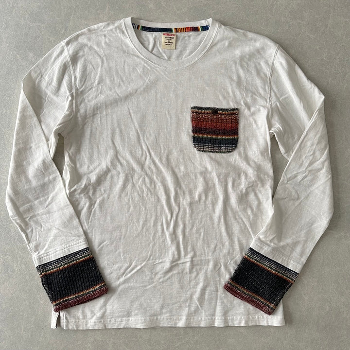 ネイティブボーダー柄ポケットロングスリーブ長袖Tシャツ ホワイト L 古着 メンズ