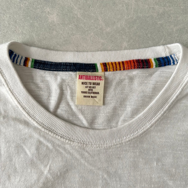 ネイティブボーダー柄ポケットロングスリーブ長袖Tシャツ ホワイト L 古着 メンズ