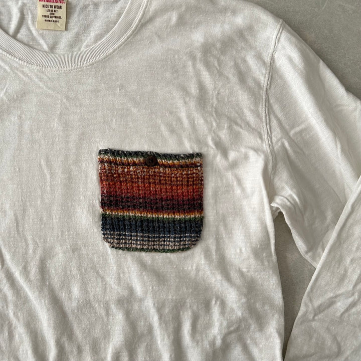 ネイティブボーダー柄ポケットロングスリーブ長袖Tシャツ ホワイト L 古着 メンズ