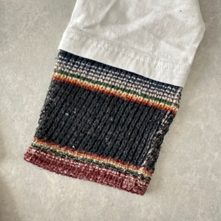 ネイティブボーダー柄ポケットロングスリーブ長袖Tシャツ ホワイト L 古着 メンズ