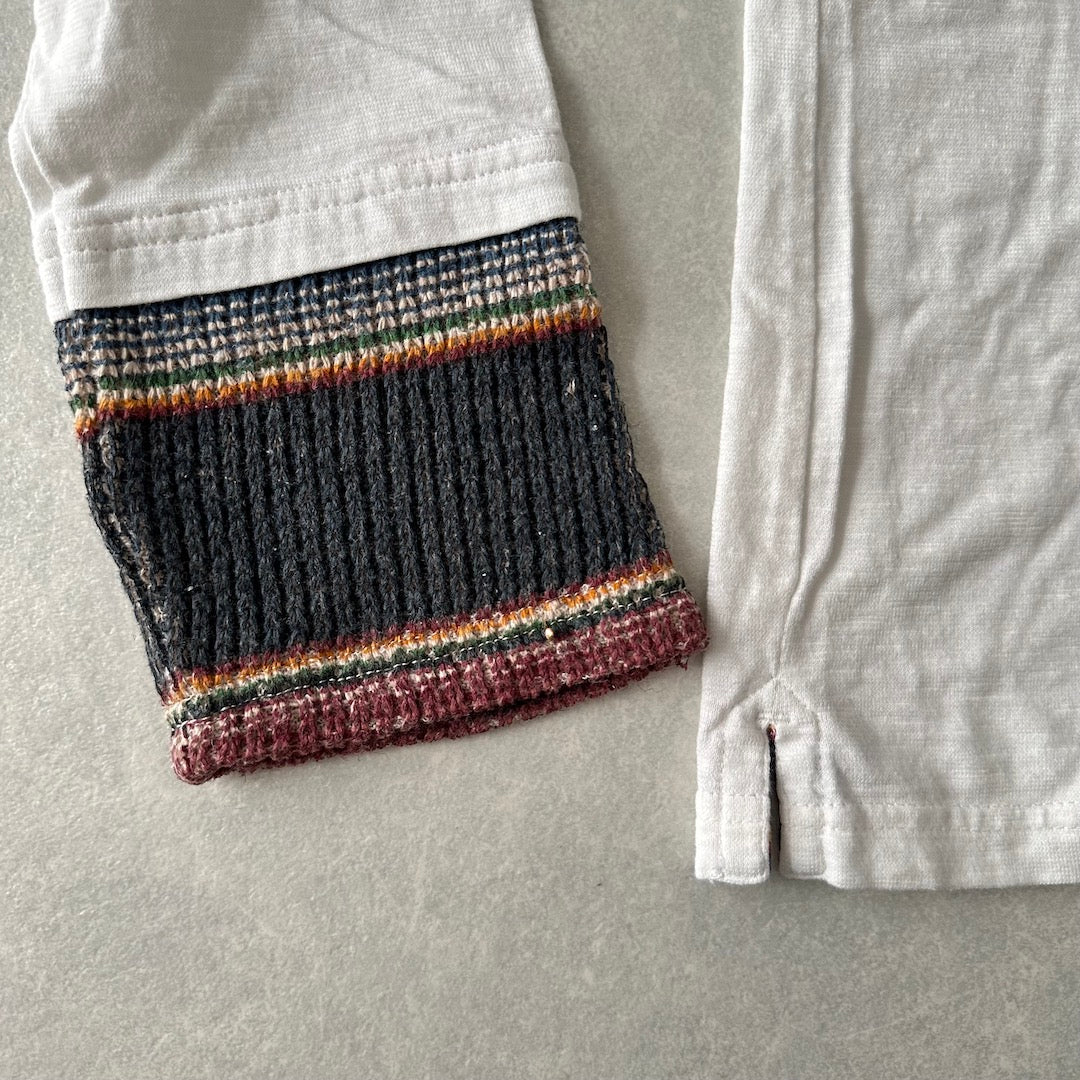 ネイティブボーダー柄ポケットロングスリーブ長袖Tシャツ ホワイト L 古着 メンズ