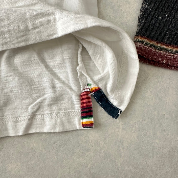 ネイティブボーダー柄ポケットロングスリーブ長袖Tシャツ ホワイト L 古着 メンズ