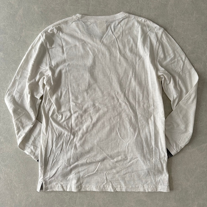 ネイティブボーダー柄ポケットロングスリーブ長袖Tシャツ ホワイト L 古着 メンズ