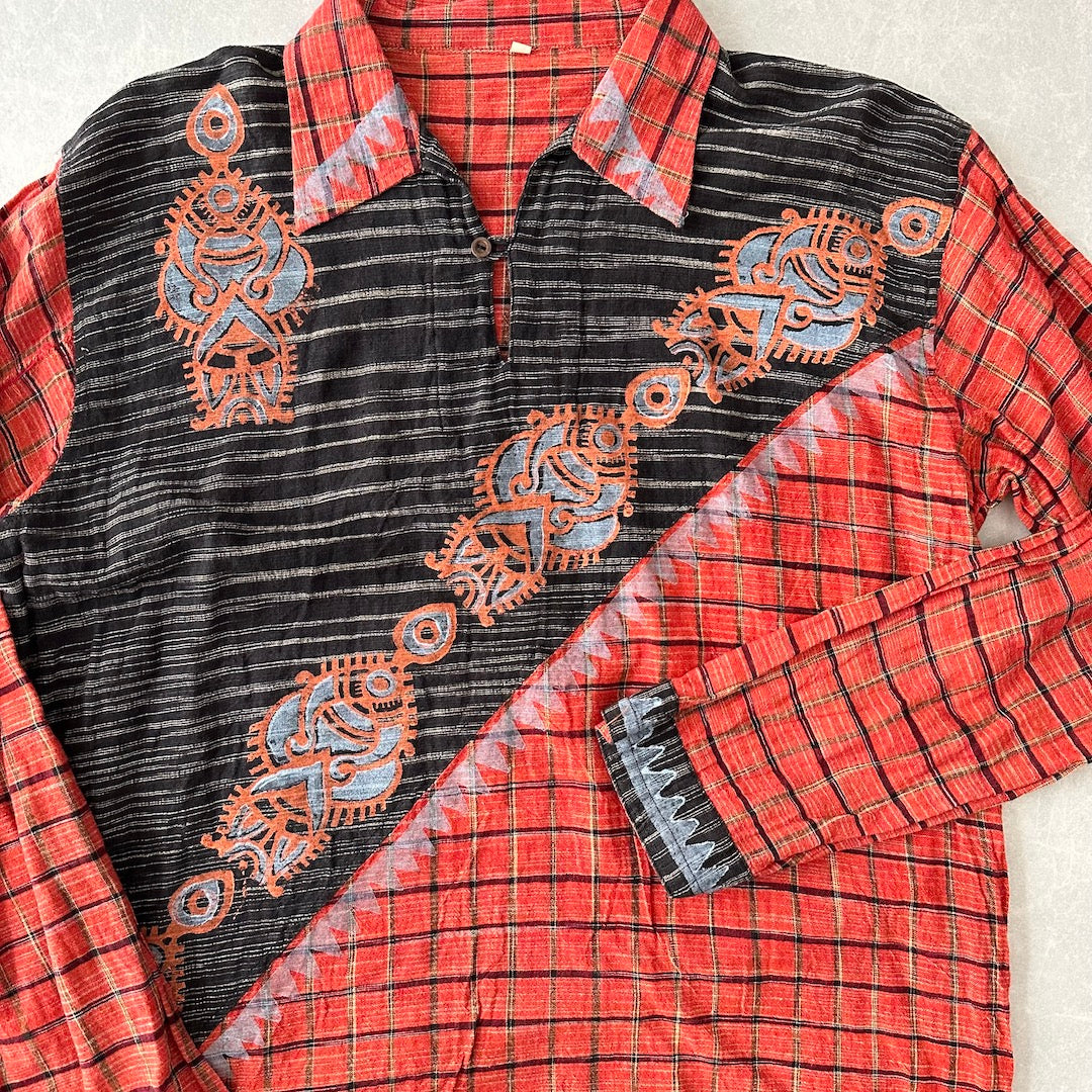 ネイティブ柄チェックシャツ 総柄 M 古着 メンズ