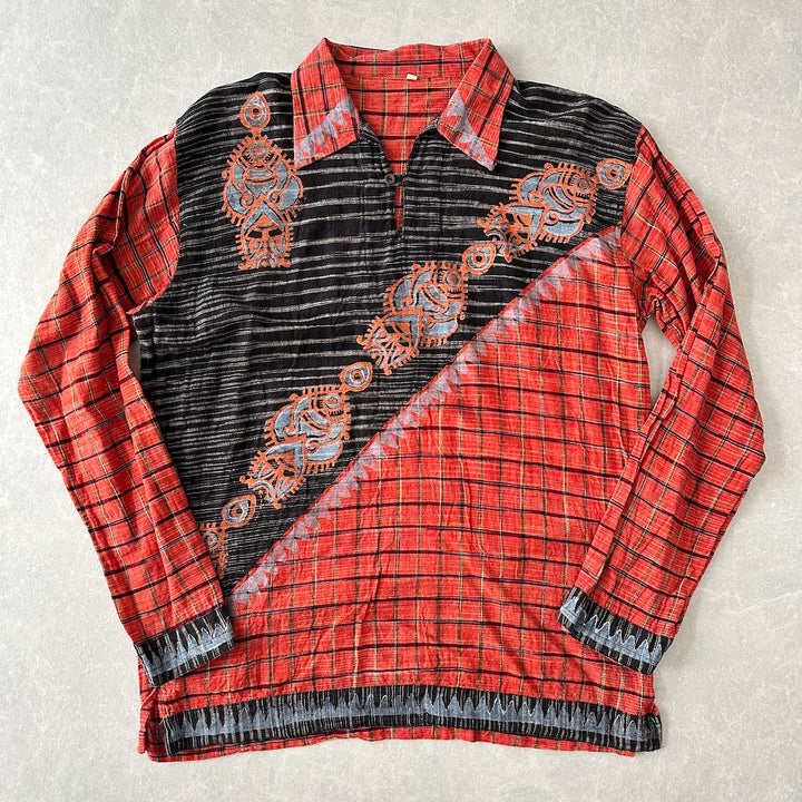 ネイティブ柄チェックシャツ 総柄 M 古着 メンズ