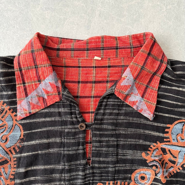 ネイティブ柄チェックシャツ 総柄 M 古着 メンズ