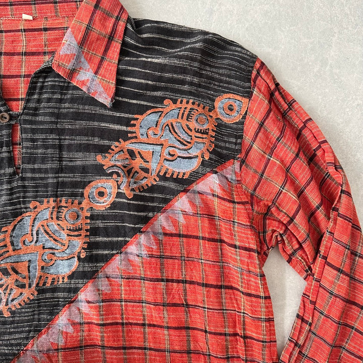 ネイティブ柄チェックシャツ 総柄 M 古着 メンズ