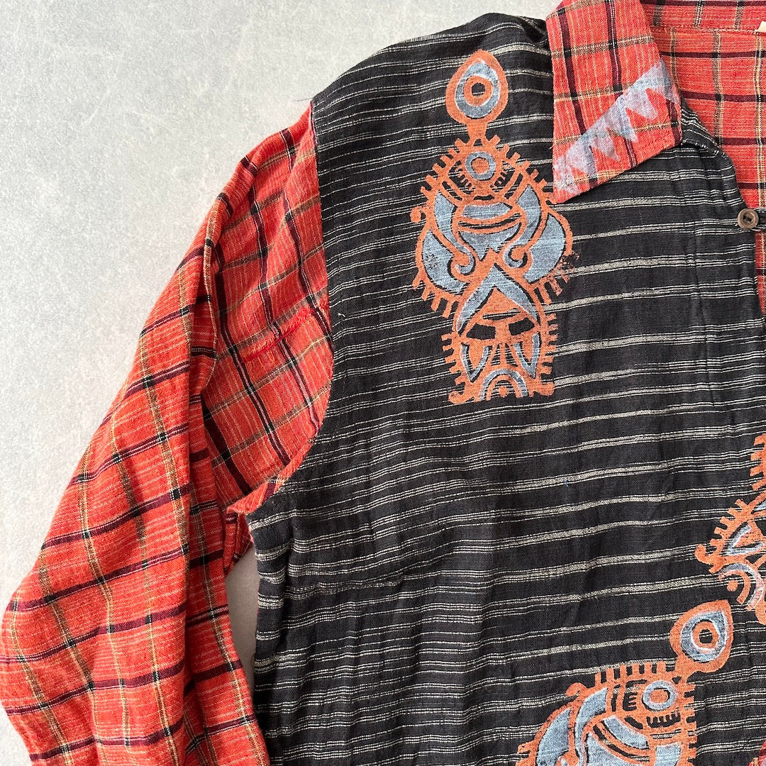 ネイティブ柄チェックシャツ 総柄 M 古着 メンズ