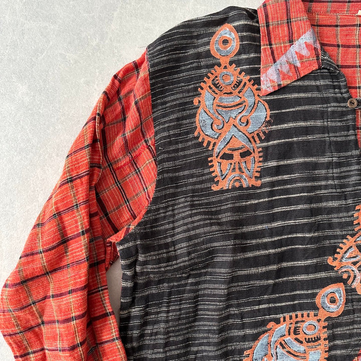 ネイティブ柄チェックシャツ 総柄 M 古着 メンズ