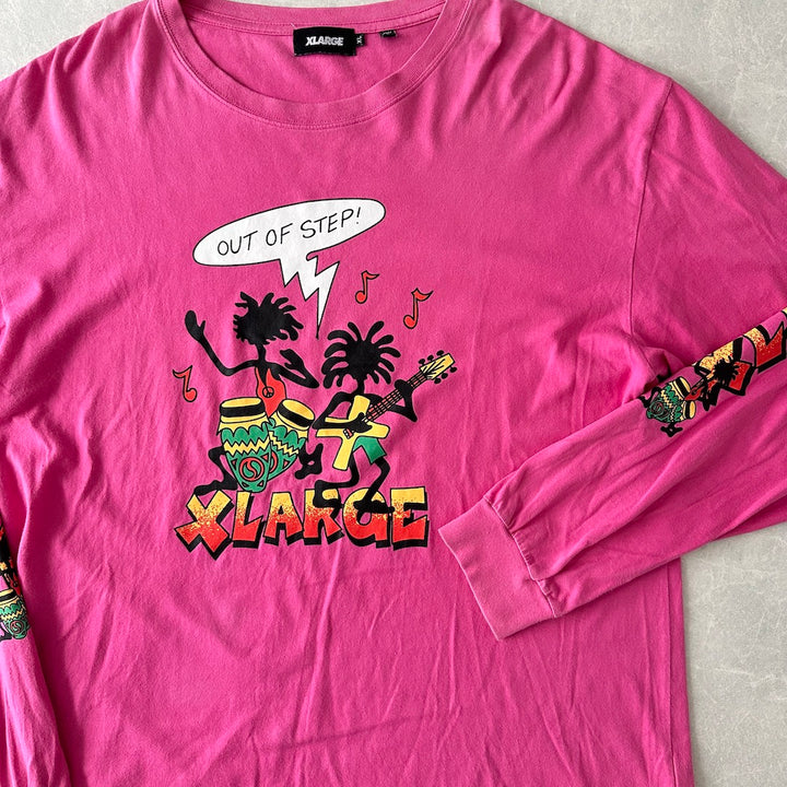 【XLARGE】ダンスプリント長袖ロングスリーブTシャツ ピンク XL 古着 メンズ