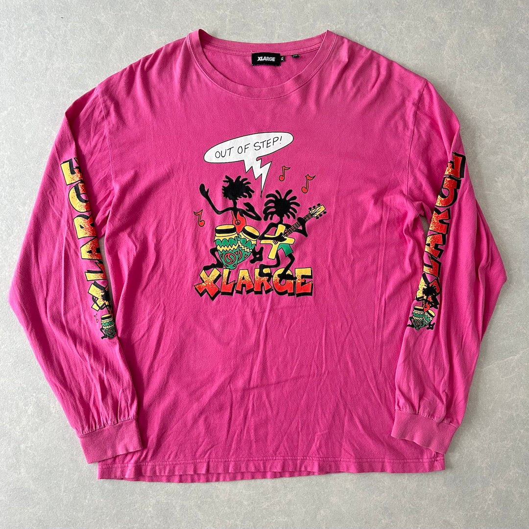 【XLARGE】ダンスプリント長袖ロングスリーブTシャツ ピンク XL 古着 メンズ