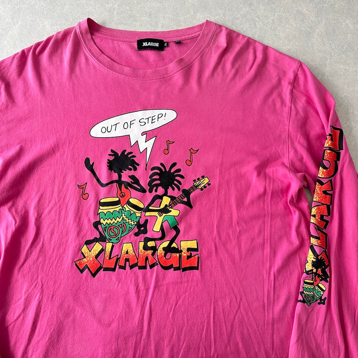 【XLARGE】ダンスプリント長袖ロングスリーブTシャツ ピンク XL 古着 メンズ