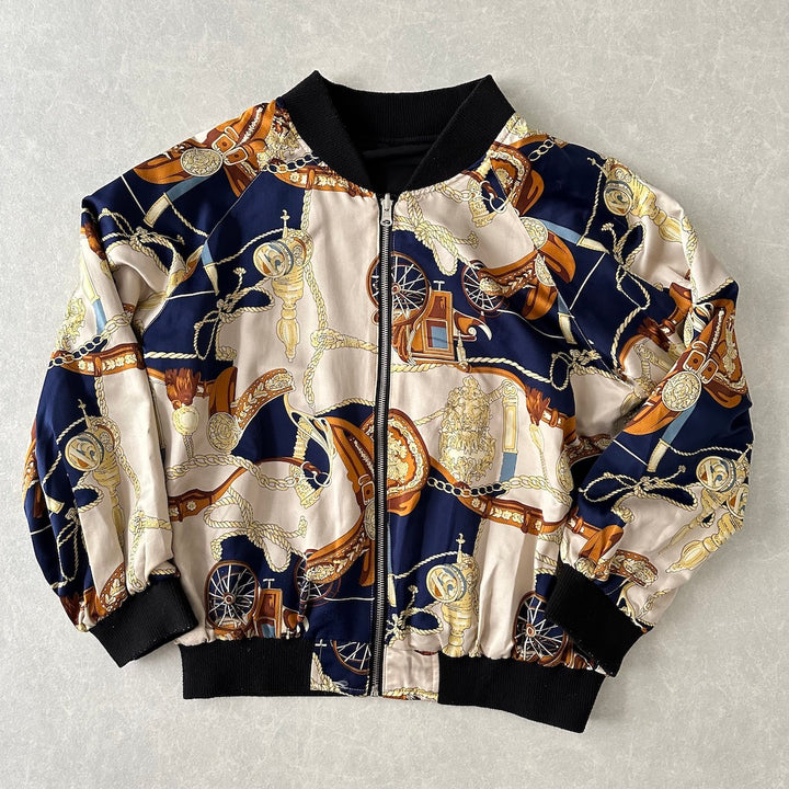 リバーシブル総柄ナイロンブルゾン 総柄 L 古着 レディース