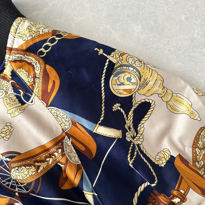 リバーシブル総柄ナイロンブルゾン 総柄 L 古着 レディース