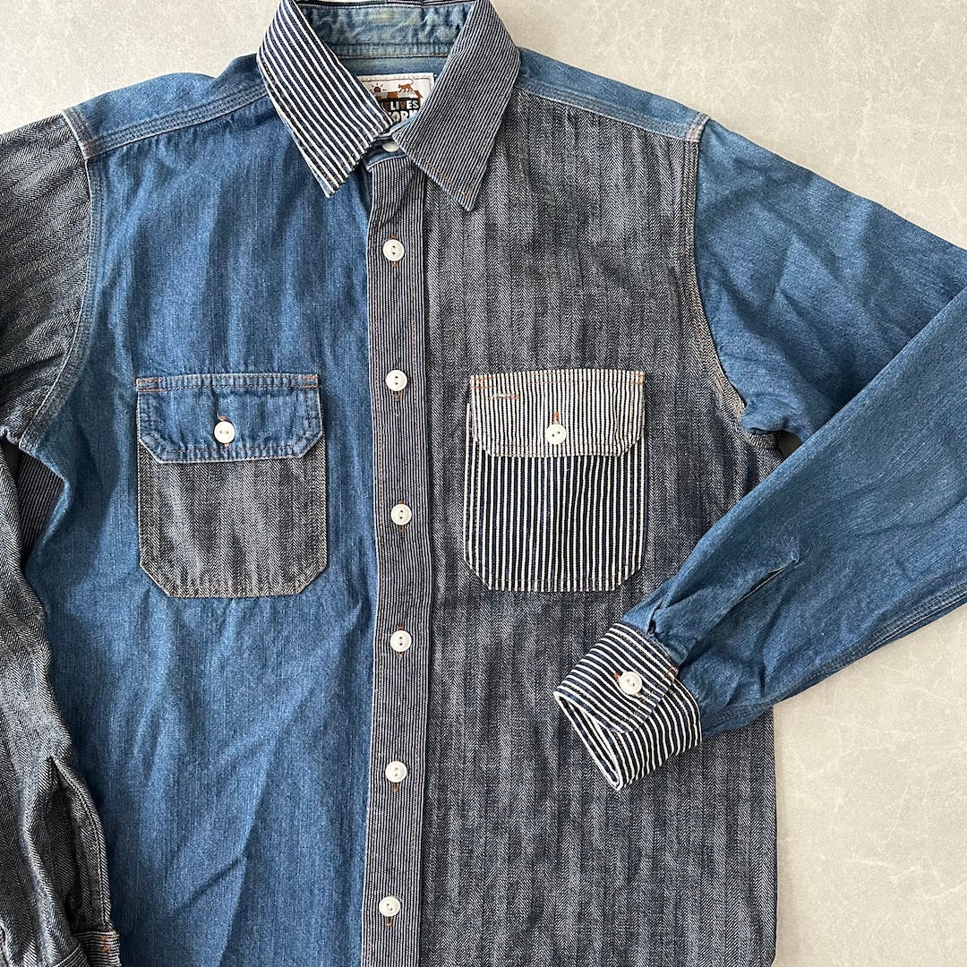 クレイジーパターンヒッコリーデニムワークシャツ ストライプ柄 M 古着 メンズ