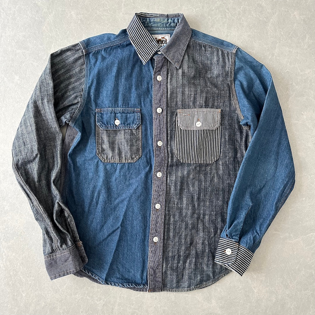 クレイジーパターンヒッコリーデニムワークシャツ ストライプ柄 M 古着 メンズ