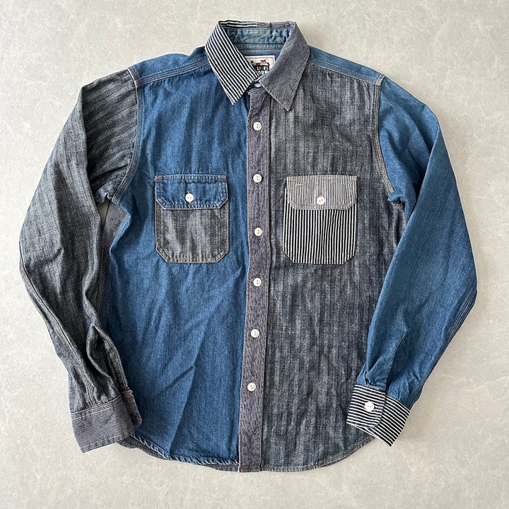 クレイジーパターンヒッコリーデニムワークシャツ ストライプ柄 M 古着 メンズ
