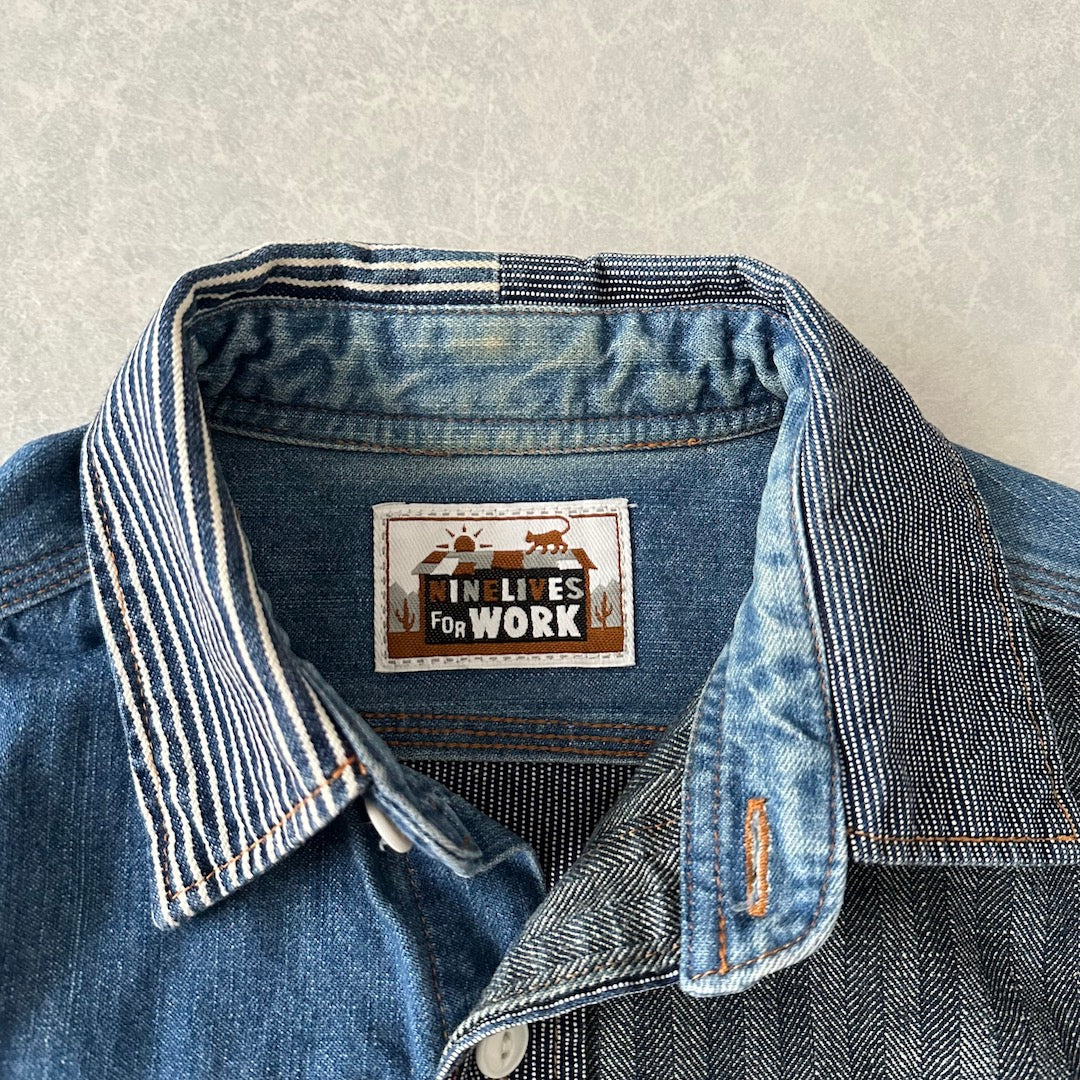 クレイジーパターンヒッコリーデニムワークシャツ ストライプ柄 M 古着 メンズ