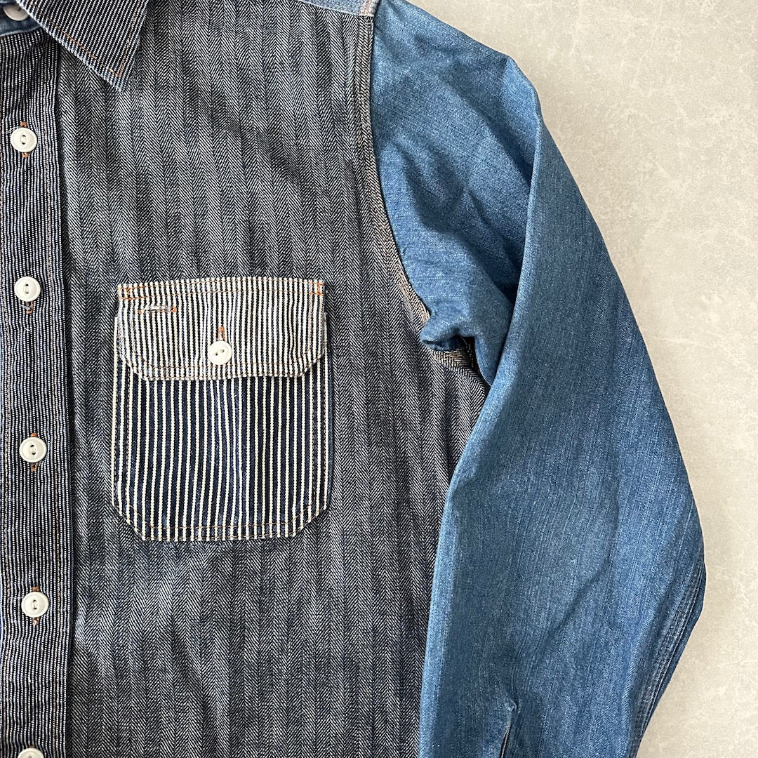 クレイジーパターンヒッコリーデニムワークシャツ ストライプ柄 M 古着 メンズ