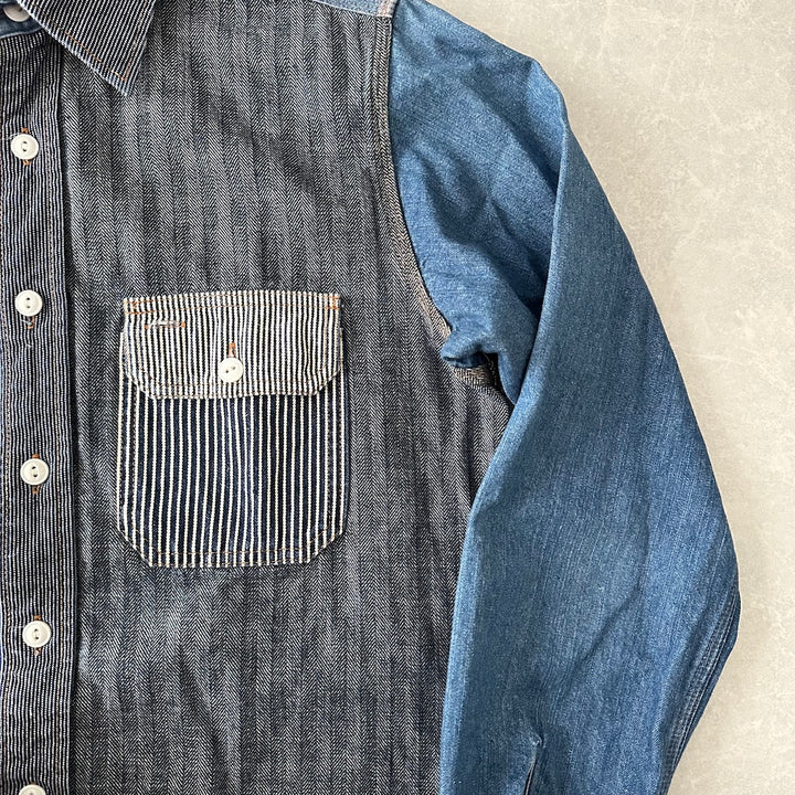 クレイジーパターンヒッコリーデニムワークシャツ ストライプ柄 M 古着 メンズ